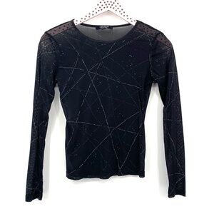 Y2K Karen Kane Mesh Top Women’s Small Long Sleeve Black Silver Print Disco